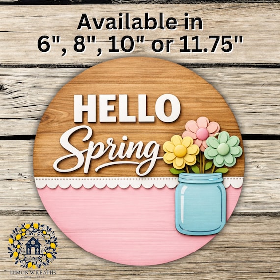 Hello Spring Sign: Blue Mason Jar Door Hanger, Pastel Flower Spring Decor