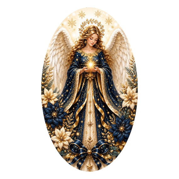 Christmas Angel Wreath Sign, Blue Gold Angel Decor, Elegant Christmas Sign, Wreath Attachment