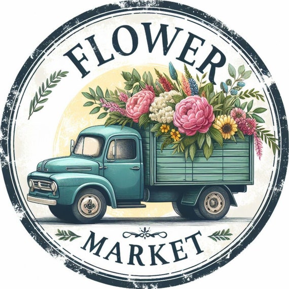 Flower Market Wreath Sign: Blue Truck Floral Decor