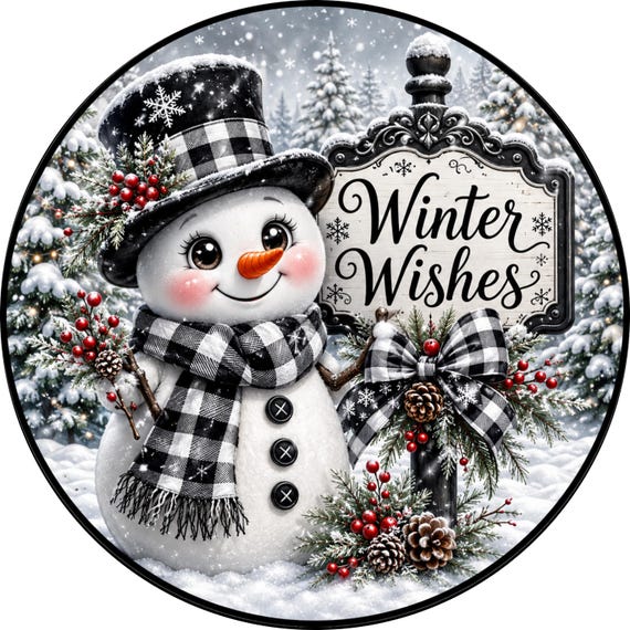 Winter Wishes Snowman Sign: Buffalo Plaid, Winter Decor, Christmas Wreath Sign, Rustic Decor