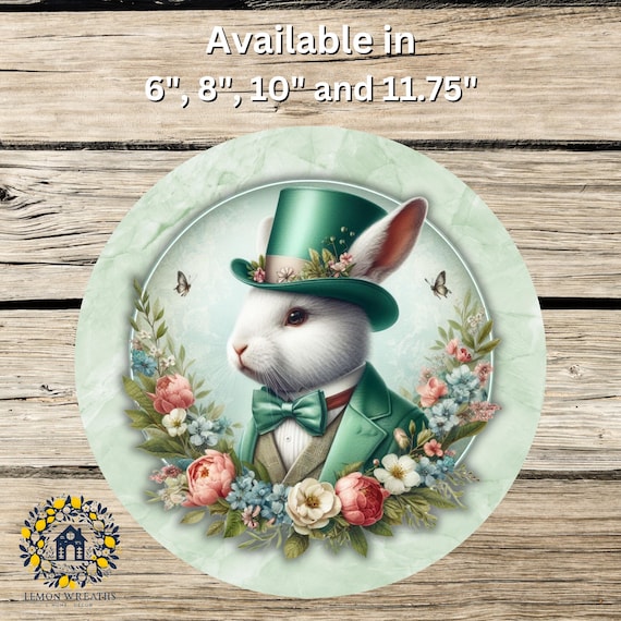Mint Green Victorian Rabbit Top Hat Sign: Easter Wreath Decor