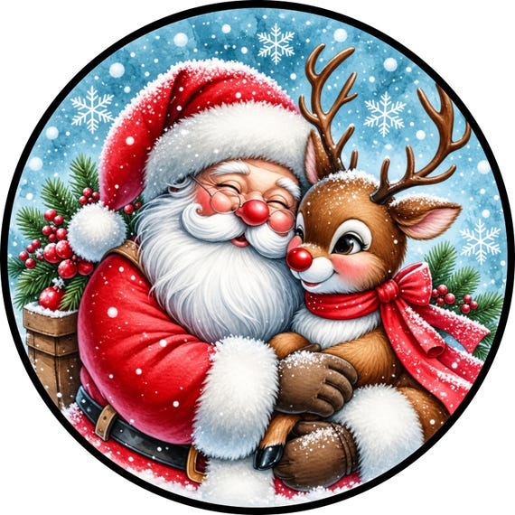 Santa Christmas Wreath Sign, Reindeer Door Decor, Holiday Wreath Center, Winter Sign