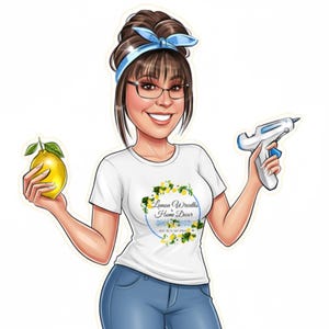 May include: Cartoon illustration of a woman holding a lemon and a glue gun. She wears a white t-shirt with a floral design and the text "Lemon Wreaths Home Decor". She has brown hair, glasses, and a blue headband. She is smiling.