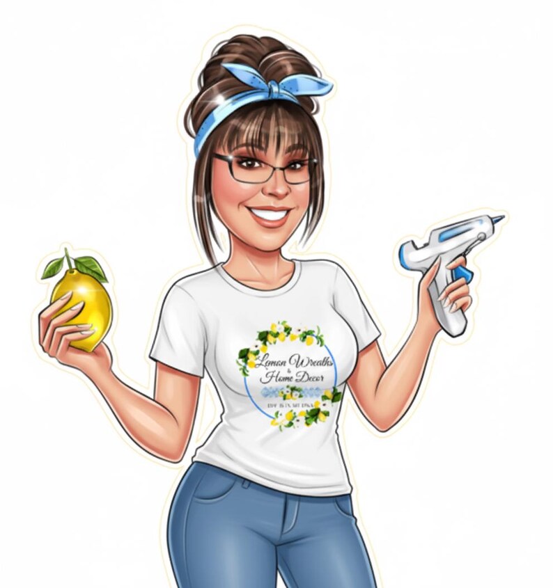May include: Cartoon illustration of a woman holding a lemon and a glue gun. She wears a white t-shirt with a floral design and the text "Lemon Wreaths Home Decor". She has brown hair, glasses, and a blue headband. She is smiling.