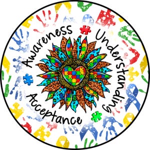 Autism Awareness Sign: Sunflower Puzzle Heart, Door or Wreath Decor