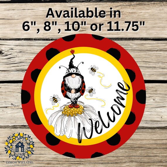Welcome Ladybug Gnome Wreath Sign: Whimsical Garden Decor, Spring Summer Front Door Sign