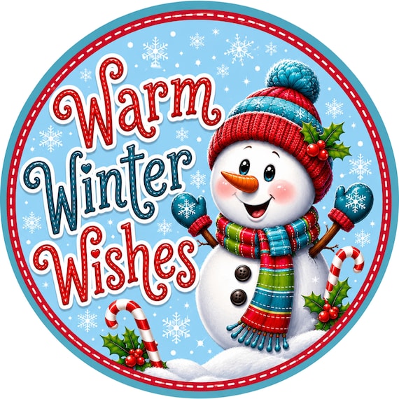 Warm Winter Wishes Snowman Sign, Cute Winter Wreath Attachment, Snowflake Door Decor, Candy Cane Holiday Sign