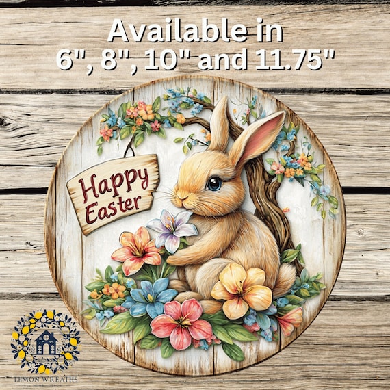 Happy Easter Bunny Wreath Sign: Rustic Spring Floral Decor