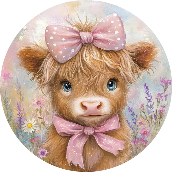 Highland Cow Wreath Sign: Farmhouse Door Decor with Pink Bows