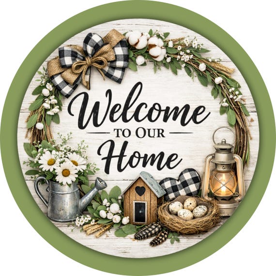 Welcome To Our Home Wreath Sign: Rustic Farmhouse Door Hanger