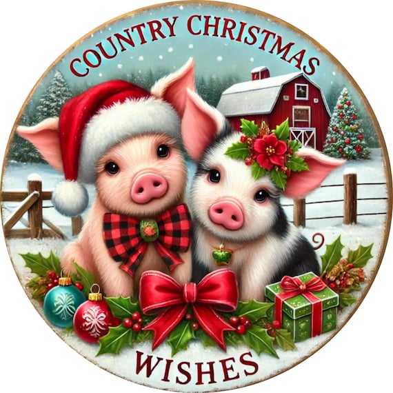 Country Christmas Wishes Sign, Pig Wreath Sign, Farmhouse Holiday Decor, Rustic Door Hanger