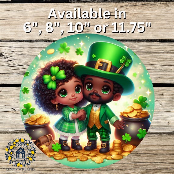 Lucky Shamrock Couple Wreath Sign: St Patricks Day, African American Leprechaun