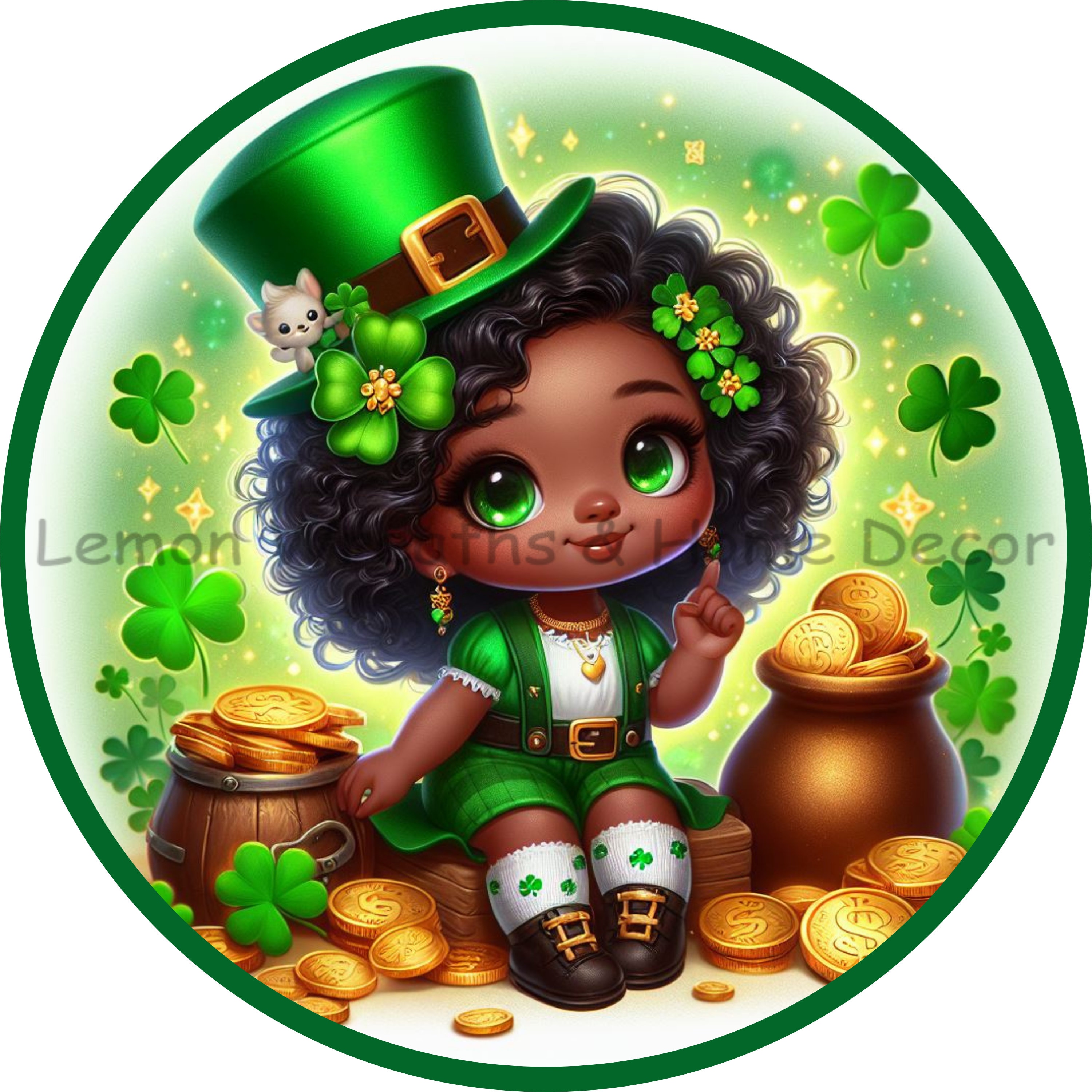 St. Patrick's Day | African American Leprechaun Princess Wreath Sign | Shamrock Wreath Sign | Lemon Wreaths Decor