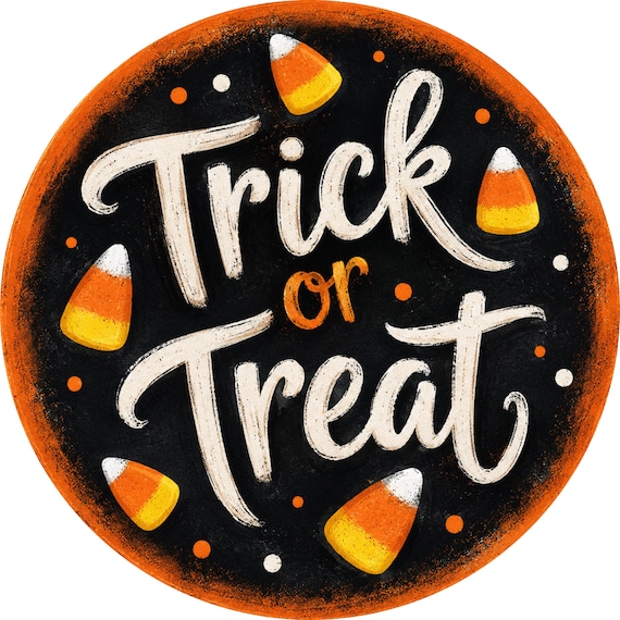 Trick Or Treat Sign: Candy Corn Decor, Halloween Wreath Attachment, Door Hanger, Spooky Wreath Sign