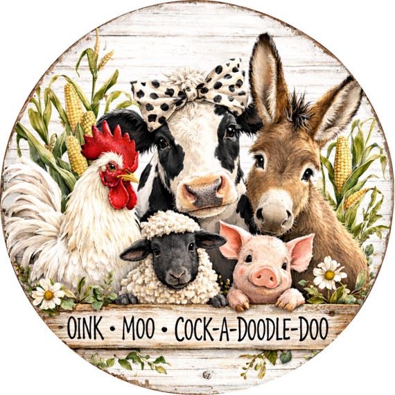 Farm Animal Wreath Sign: Oink Moo Cock-A-Doodle-Doo, Rustic Farmhouse Wreath Attachment