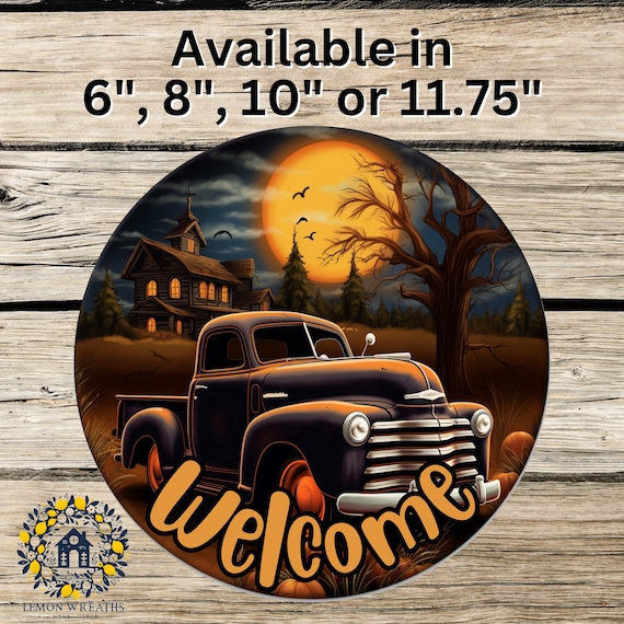 Vintage Truck Halloween Metal Sign: Fall Wreath Decor