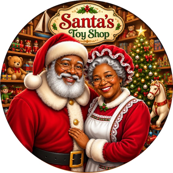 African American Santa & Mrs Claus Sign, Santa's Toy Shop, Black Santa Christmas Decor, Holiday Door Hanger