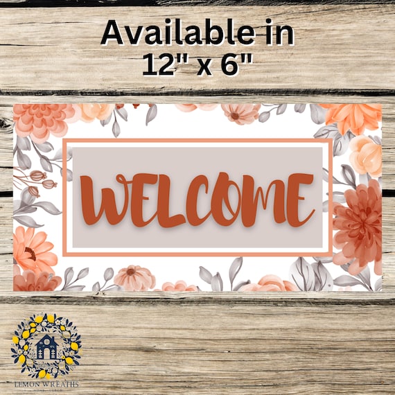 Welcome Floral Wreath Sign: Coral & Grey Peony Flowers, Elegant Farmhouse Front Door Decor