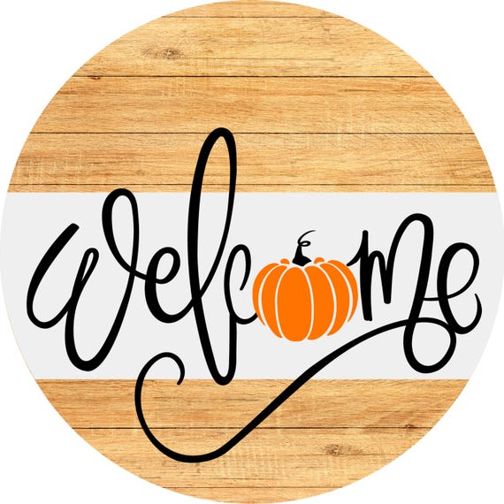 Welcome Pumpkin Wreath Sign: Rustic Farmhouse Fall Decor, Wood Background Autumn Sign