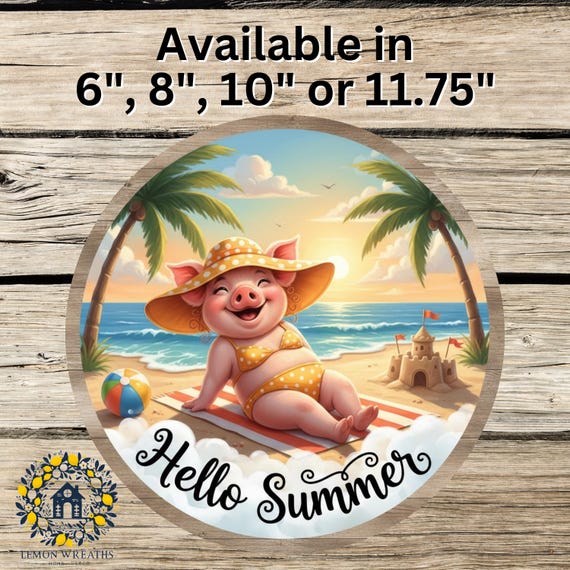 Hello Summer Wreath Sign: Beach Pig Door Hanger, Tropical Decor, Farmhouse Summer
