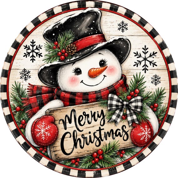Merry Christmas Wreath Sign, Snowman Sign, Buffalo Plaid, Front Door Decor, Farmhouse Sign