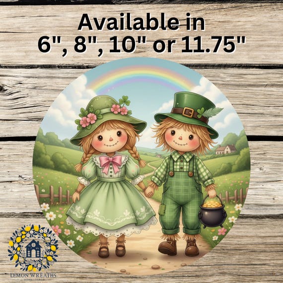 St. Patrick’s Day Scarecrow Wreath Sign: Irish Couple with Rainbow, Lucky Shamrock Decor