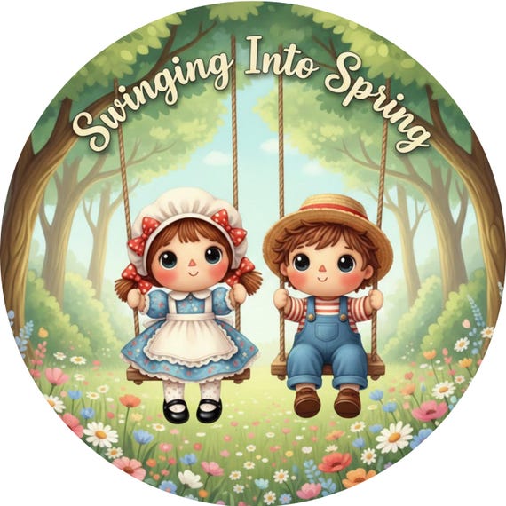 Swinging Into Spring Wreath Sign: Whimsical Children on Swings, Storybook Spring Garden Decor
