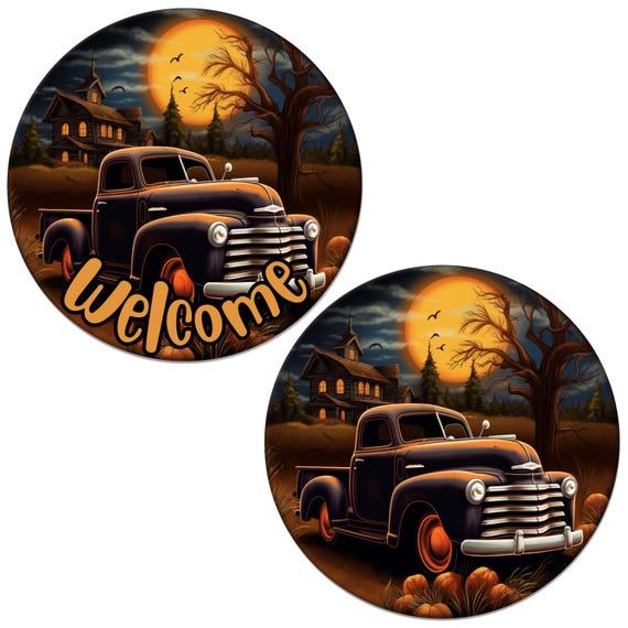 Vintage Truck Halloween Metal Sign: Fall Wreath Decor, Welcome Sign