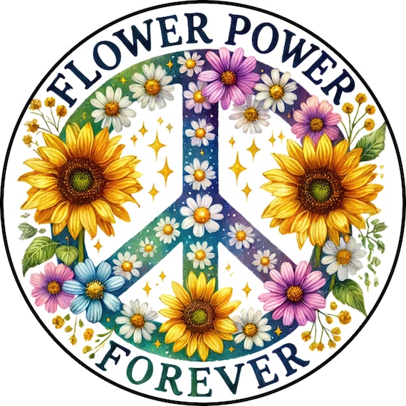 Flower Power Wreath Sign: Retro Peace Floral Hippie Door Decor