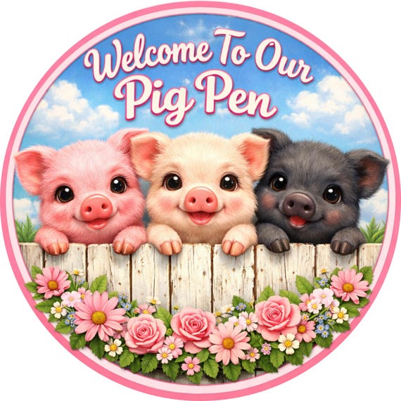 Welcome To Our Pig Pen Wreath Sign: Farm Pig Door Hanger, Funny Farmhouse Attachment