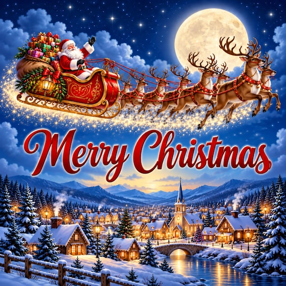 Merry Christmas Wreath Sign, Santa Sleigh Sign, Reindeer Christmas Decor, Christmas Wreath Attachment, Winter Door Decor