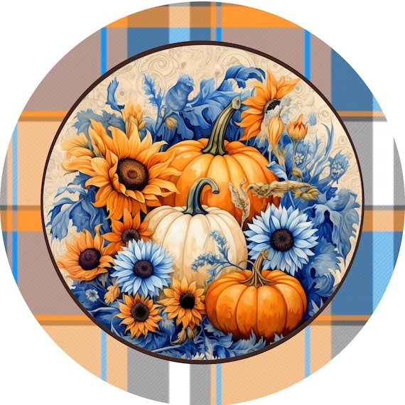 Blue Orange Fall Wreath Sign: Welcome Pumpkin Door Hanger, Rustic Wreath Attachment