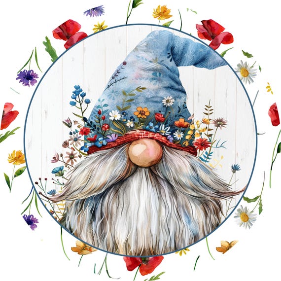 Floral Gnome Wreath Sign: Spring Door Hanger, Rustic Wildflower Decor, Farmhouse Round Garden Accent