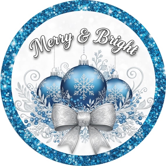 Merry & Bright Sign: Christmas Wreath Sign, Blue Ornament Holiday Decor