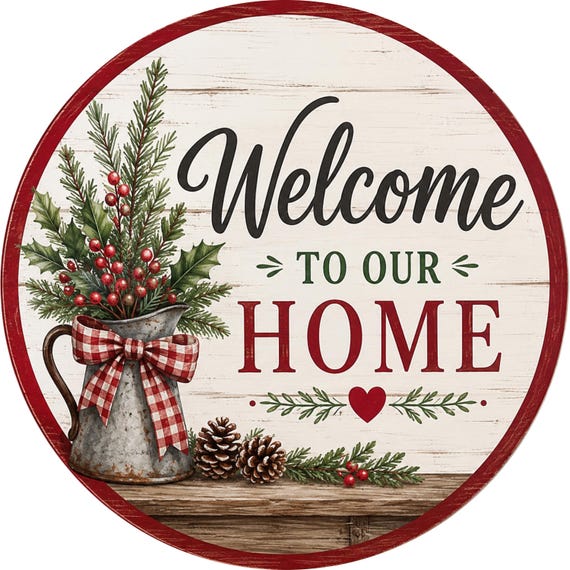 Welcome to Our Home Christmas Sign, Farmhouse Holiday Decor, Rustic Winter, Holly Berry Evergreen Pitcher