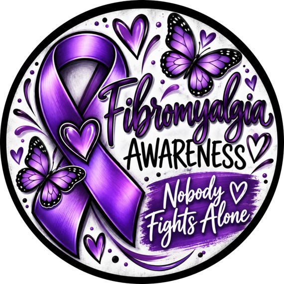 Fibromyalgia Awareness Sign, Nobody Fights Alone, Purple Ribbon Butterfly Wreath Center, Support Gift