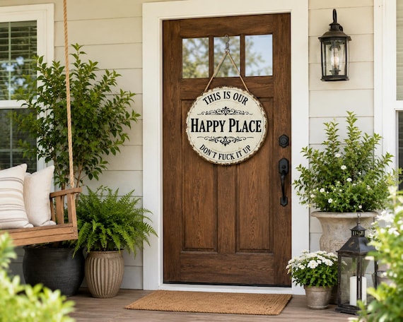 Funny Door Hanger: Farmhouse Sarcastic Home Decor, Our Happy Place Don't Fuck It Up
