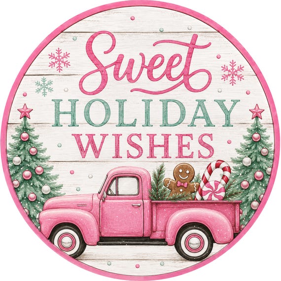 Sweet Holiday Wishes Sign, Pink Christmas Truck, Vintage Farmhouse Wreath Sign, Candy Cane Christmas