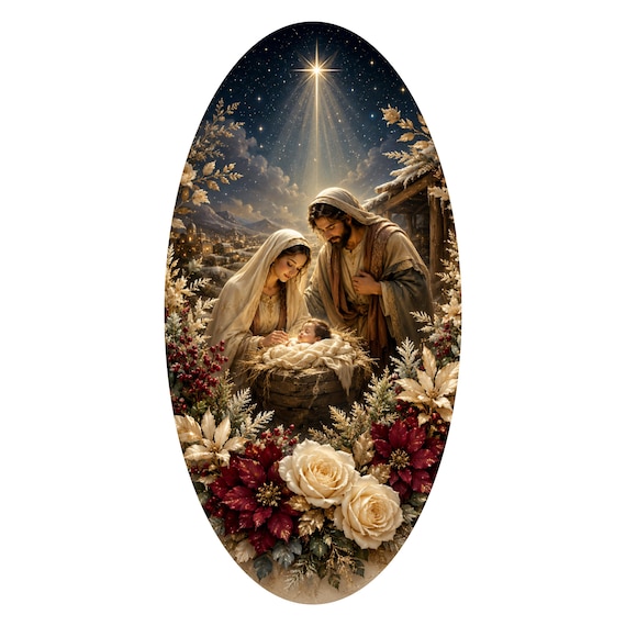 Nativity Oval Wreath Sign: Holy Family Sign, Baby Jesus, Religious Christmas