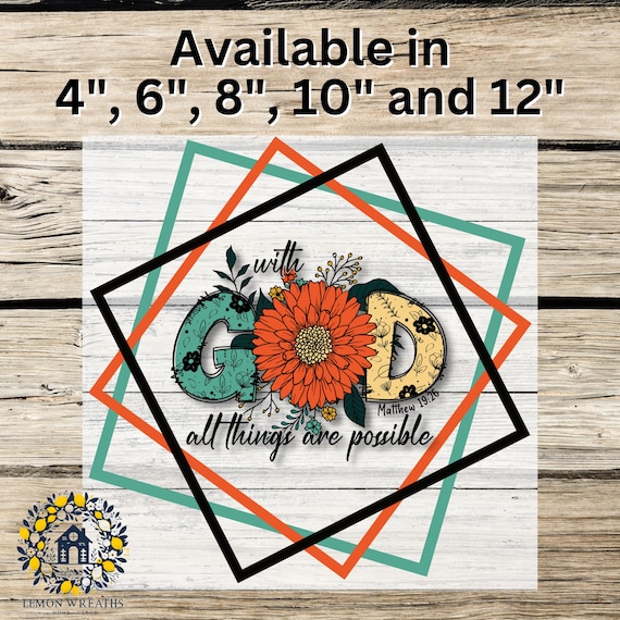 Christian Wreath Sign – Matthew 19:26 Scripture Art, Teal Orange Floral Home Decor