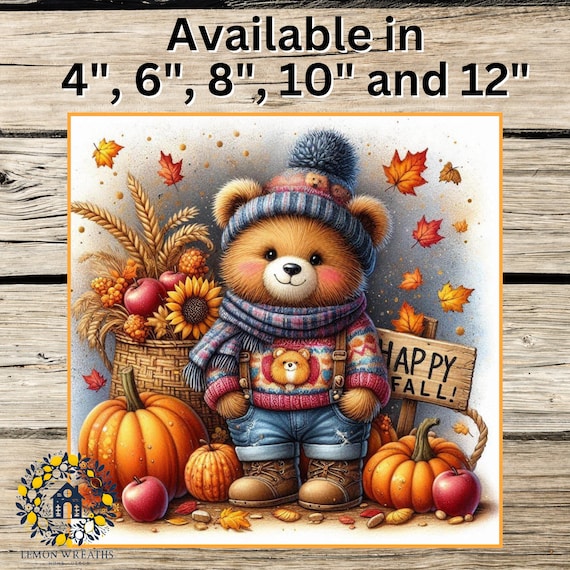 Fall Bear Wreath Sign: Happy Fall Door Hanger, Pumpkin Harvest