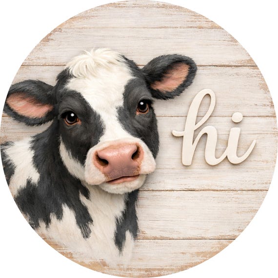 Farmhouse Cow Welcome Sign: Rustic Farm Animal Door Hanger, Round Wood Decor
