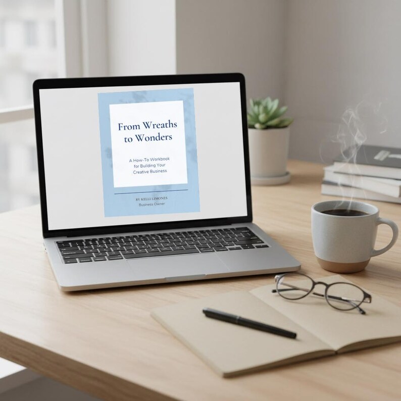 May include: A laptop displays a book cover titled "From Wreaths to Wonders" with the subtitle "A How-To Workbook for Building Your Creative Business." A coffee mug, glasses, and a notebook with a pen rest on a wooden desk.