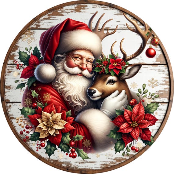 Santa Christmas Sign, Rustic Farmhouse Wreath Sign, Woodland Door Hanger, Santa Holiday Decor