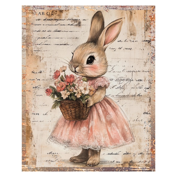Victorian Bunny Wreath Sign: Floral Basket Rabbit, Easter Nursery Wall Art