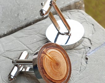 Ingelegde houten gerhodineerde manchetknopen, grenen/lariks boomtak met schors, rustieke ronde tweeling, cadeau 5e verjaardag/bruiloft/bruidegom