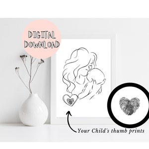 Mothers Day Gift / Printable gift / Mother Line Drawing / Finger print art / Thumb Print / Hand print art / Digital download / Craft