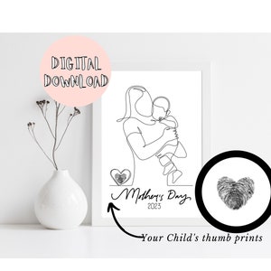Grandmother Mothers Day Gift / Printable Gift / Thumb Print Art / Grandmother Line Drawing / Finger Print Art / Diy From Grandchild