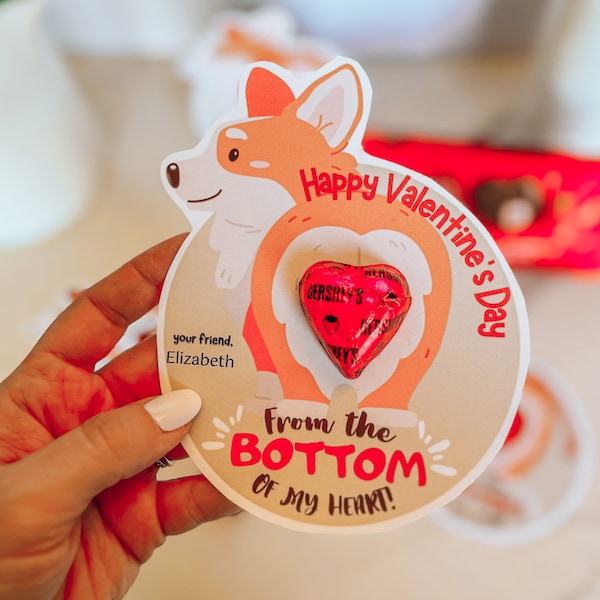 Corgi butt Valentine, Bottom Valentine, Chocolate heart Valentine, Printable Class Valentine, DIY, Digital Download, Bundles of Fun