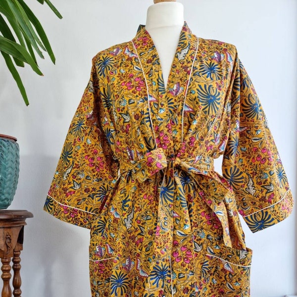 Pure Cotton Handprinted House Robe Summer Kimono | Floral Beach Coverup/Comfy Maternity Mom Turmeric Yellow Botanical Tropical Butterfly